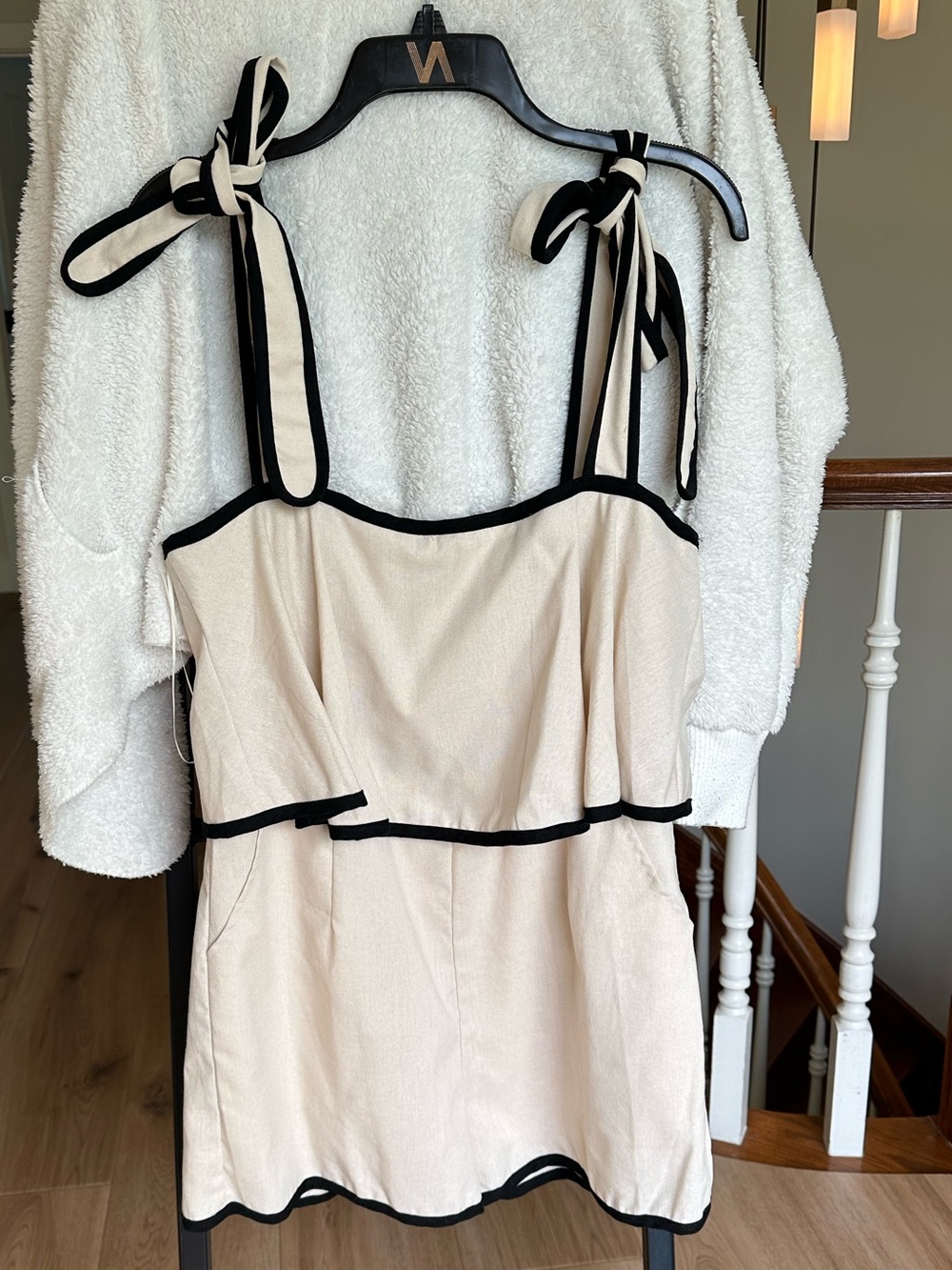 Women’s Cream Tie-Shoulder Romper with Black Trim NWT